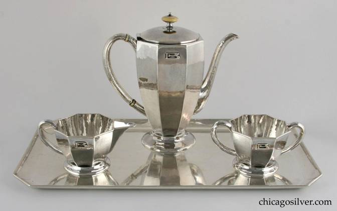 Kalo coffee set, three pieces (3) including coffee pot, creamer, and open sugar, on conforming Kalo tray.  