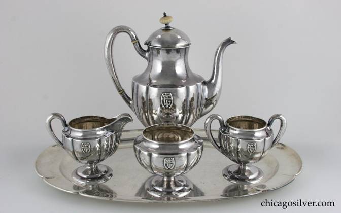 Kalo coffee set, four-piece (4), consisting of coffee pot, open waste, open sugar bowl, and cream jug, on conforming oval lobed Kalo tray.  
