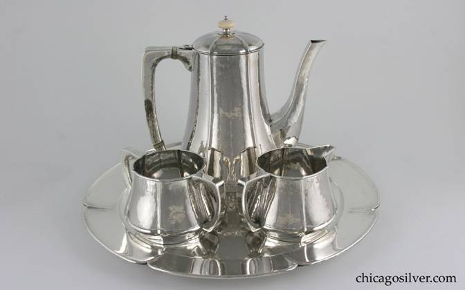 Kalo coffee set with matching tray, four (4) pieces including tray, composed of coffee pot, oversize sugar and creamer, and round fluted matching tray.  