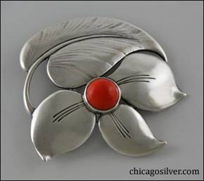 Madeleine Turner sterling flower pin with red stone