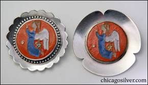 Jo Michels and Madeleine Turner sterling pins with similar ceramic angel-motif inserts