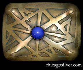 Pin, brass, large, rectangular, with acid-etched geometric design and rounded corners, centering dark blue round bezel-set stone