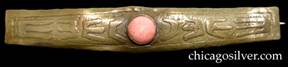 Pin, bar, brass, with geometric acid-etched design centering round pink stone
