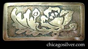 Brooch / pin, rectangular, with acid-etched design of hibiscus flowers and leaves, frame around edge, hammered background