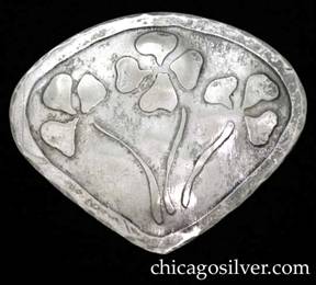 Brooch / pin, large, oval with point at bottom and acid-etched design of clovers, one of which has four leaves.  From lot with other Forest Craft Guild items and very much in the FCG school.  Made of polished nickel silver or silver-plated brass.