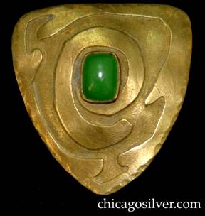 Brooch / pin, brass, triangular, with spiraling triangular line, centering green bezel-set stone.  Very reminiscent of Frost or Forest Craft Guild.