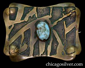 Pin, brass, large, freeform rectangular shaped, with acid-etched design centering light-blue copper-gold aventurine oval stone.  Concave edges and notches at the corners.