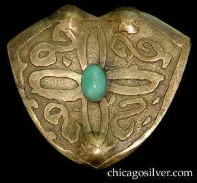 Pin, brass, large, shield-shaped, with notched top, acid-etched geometric design centering light green oval bezel-set stone