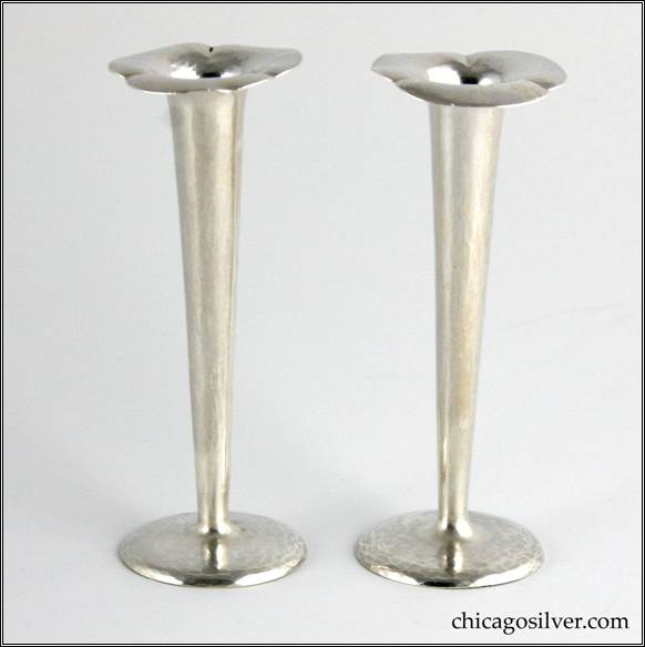 Kalo vases, pair (2), small trumpet, with slender tapering stems on small round feet, and three-lobed spreading floriform tops.  4-1/8" H and 1-9/16" W.  Marked:  STERLING KALO / 6